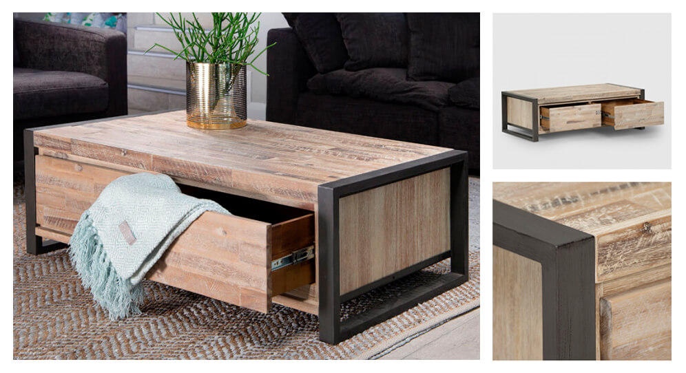 Rectangular acacia wood and metal coffee table in a livingroom setting as well as close ups of the table
